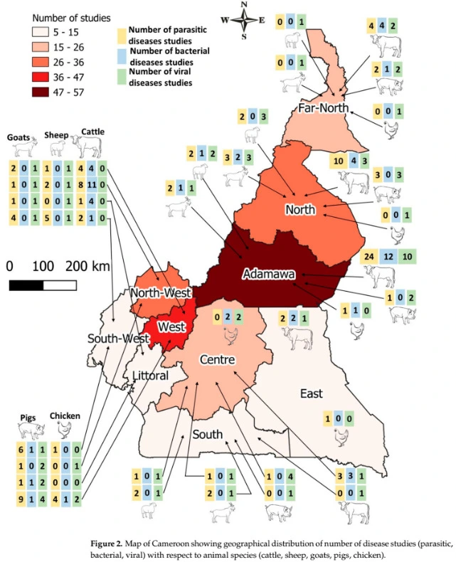 Carte des sites d'étude, Cameroun